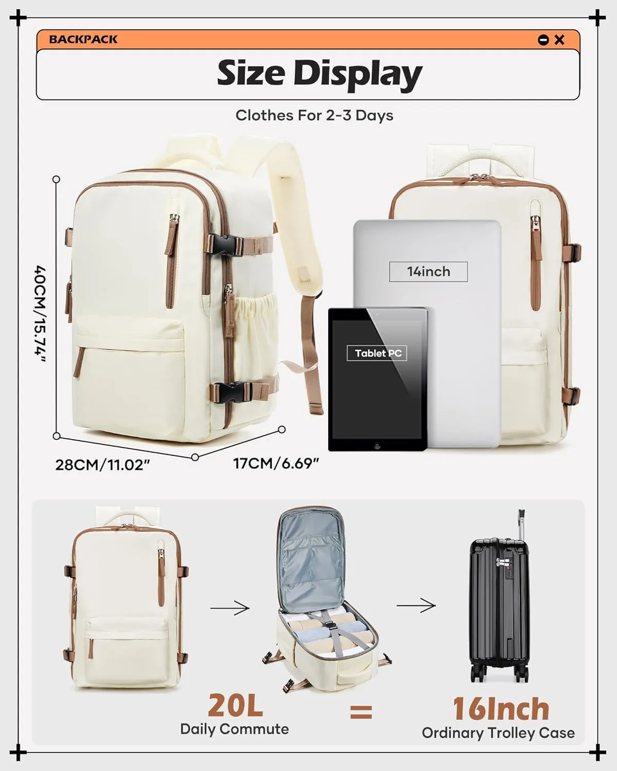 winspansy Carry on Travel Backpack for Women Men Lightweight Business Gym Laptop Work Backpack Airport Frontier Airlines Personal Item Bag Flight Approved Mochilas de Viaje Beige with Brown