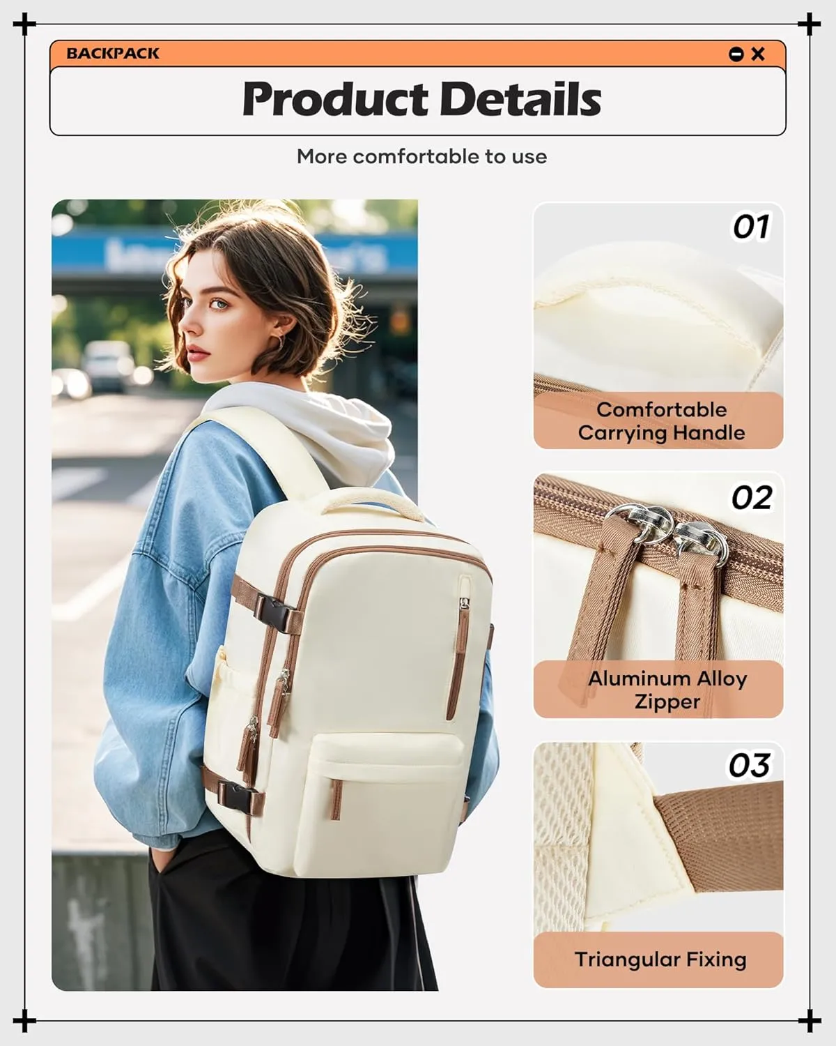 winspansy Carry on Travel Backpack for Women Men Lightweight Business Gym Laptop Work Backpack Airport Frontier Airlines Personal Item Bag Flight Approved Mochilas de Viaje Beige with Brown