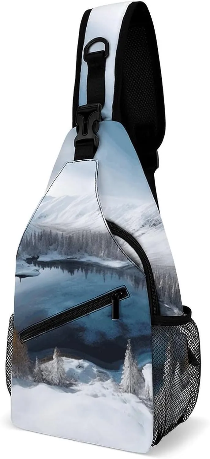 Winter Mountains Snow Scene Crossbody Sling Bag for Women Men Sling Backpack Travel Chest Bag Pack Man Purse Shoulder Bags Daypack for Travel Hiking Cycling