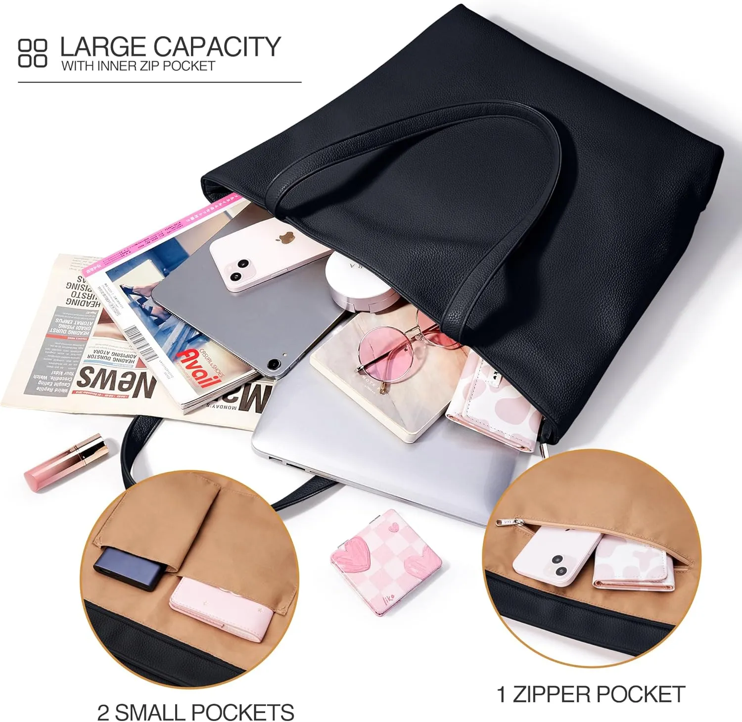 WLLWOO WLLWOO Soft PU Leather Tote Bag for Women Large Casual Hobo Handbags with Zipper Shoulder Work Bag Travel Purse