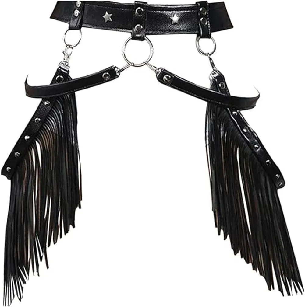 Women Body Harness Garter Punk Leather Waist Belts with Fringe Gothic Leg Tassel Belt for Dress Festival Dance Consume