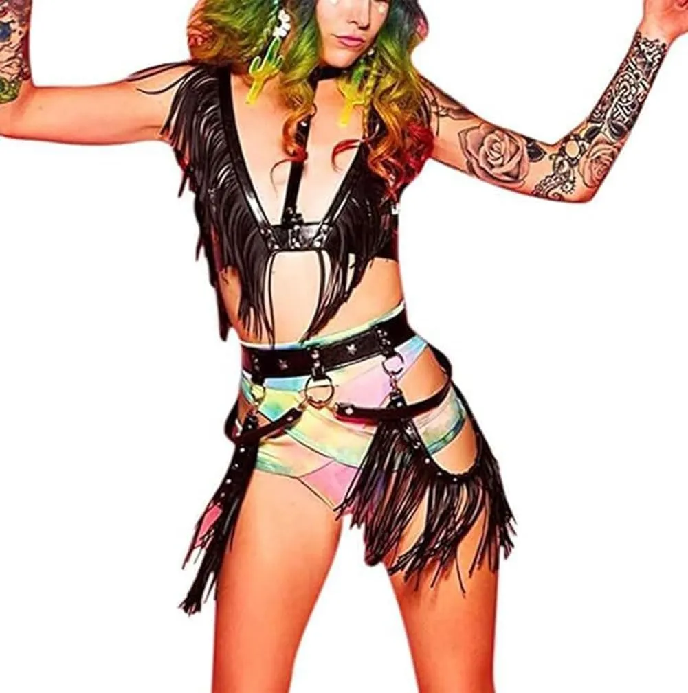 Women Body Harness Garter Punk Leather Waist Belts with Fringe Gothic Leg Tassel Belt for Dress Festival Dance Consume