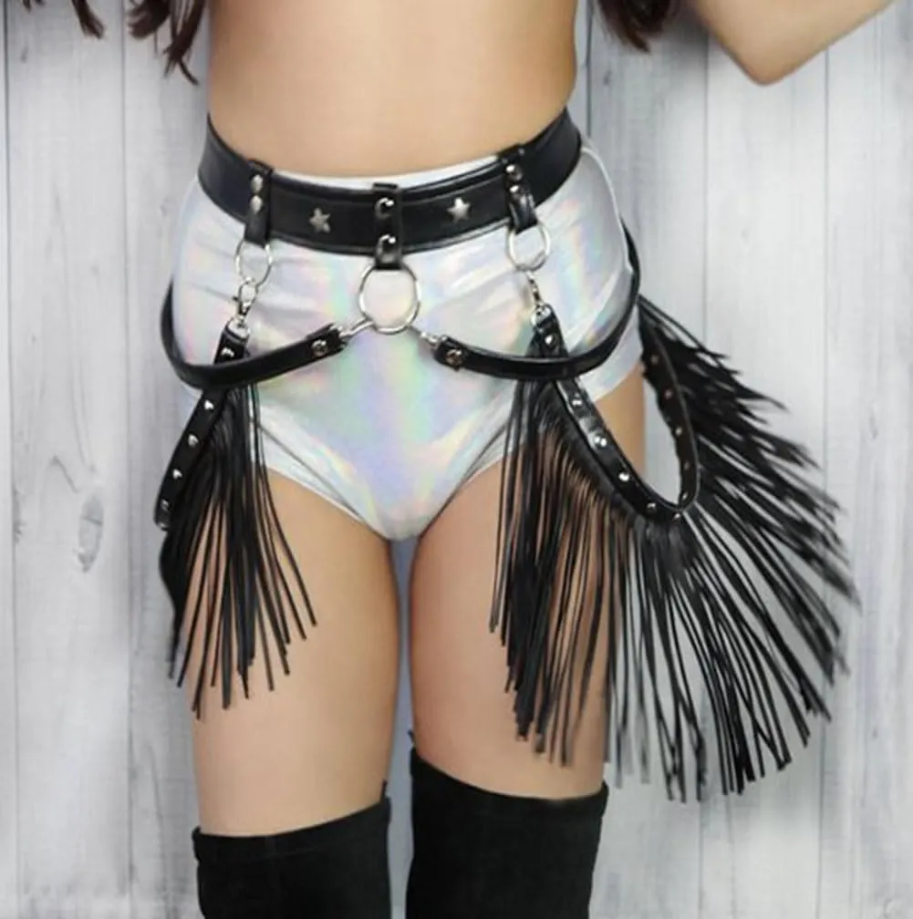 Women Body Harness Garter Punk Leather Waist Belts with Fringe Gothic Leg Tassel Belt for Dress Festival Dance Consume