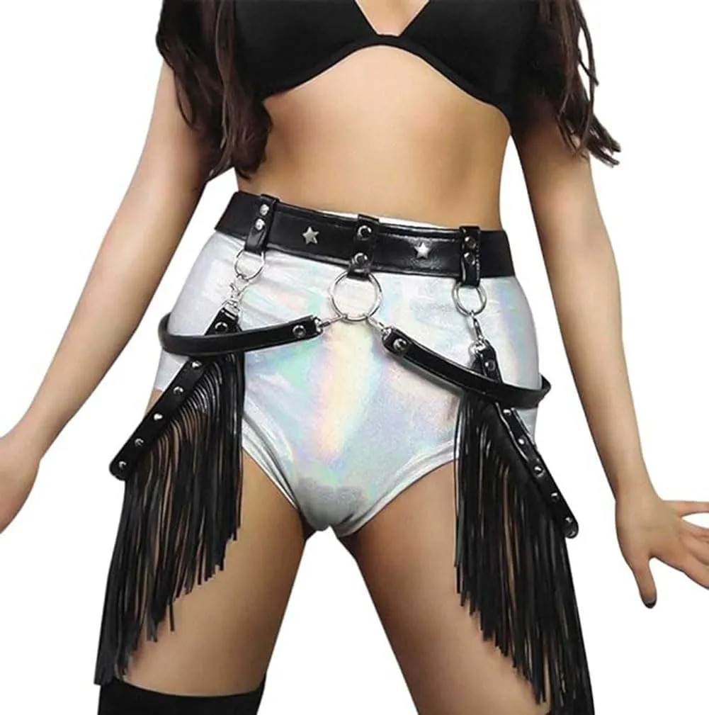 Women Body Harness Garter Punk Leather Waist Belts with Fringe Gothic Leg Tassel Belt for Dress Festival Dance Consume