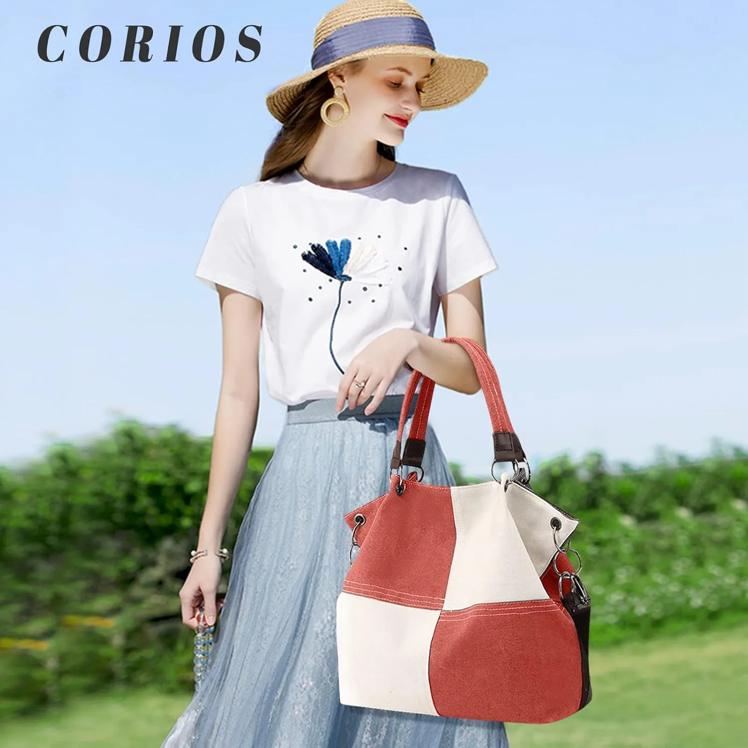 Women Canvas Shoulder Tote Handbag - Casual Top Handle Multi-Pocket Crossbody Satchel Messenger