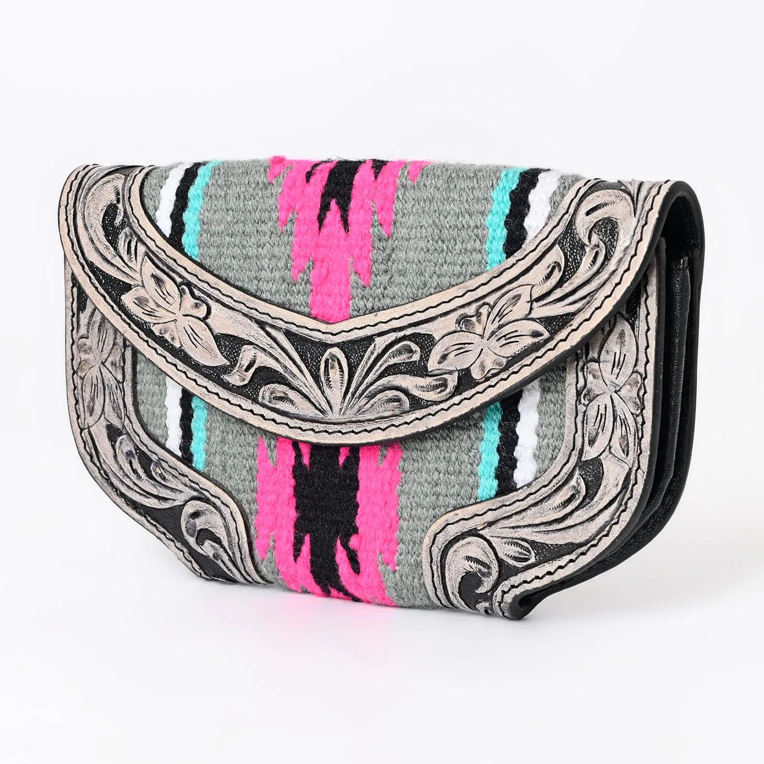 Women Cowhide Hairon and Tooled Leather Western Handmade Ladies Clutch Trifold Wallet
