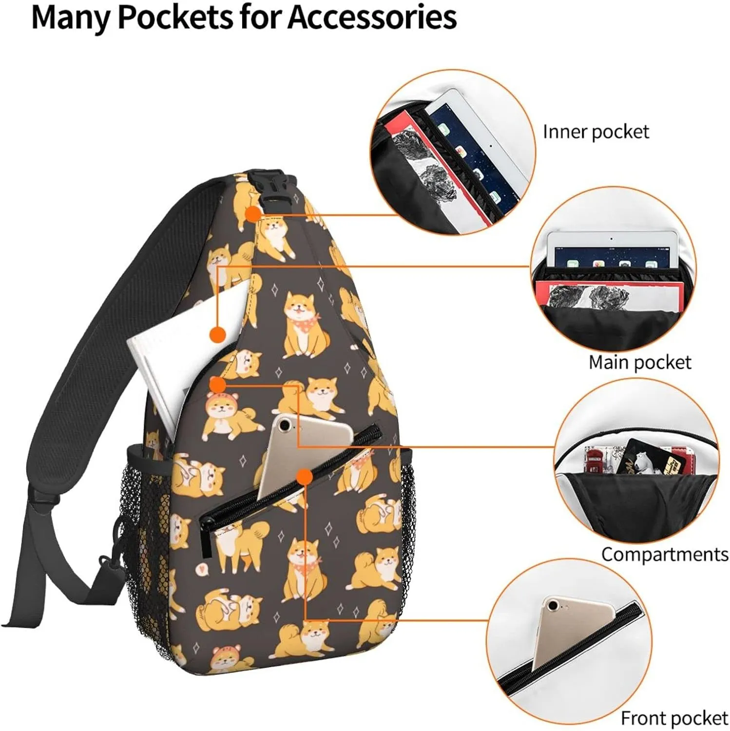 Women Cute Dogs Shiba Inu Crossbody Sling Backpack for Men Chest Bag Shoulder Bag Lightweight One Strap Backpack Travel Outdoor Daypack