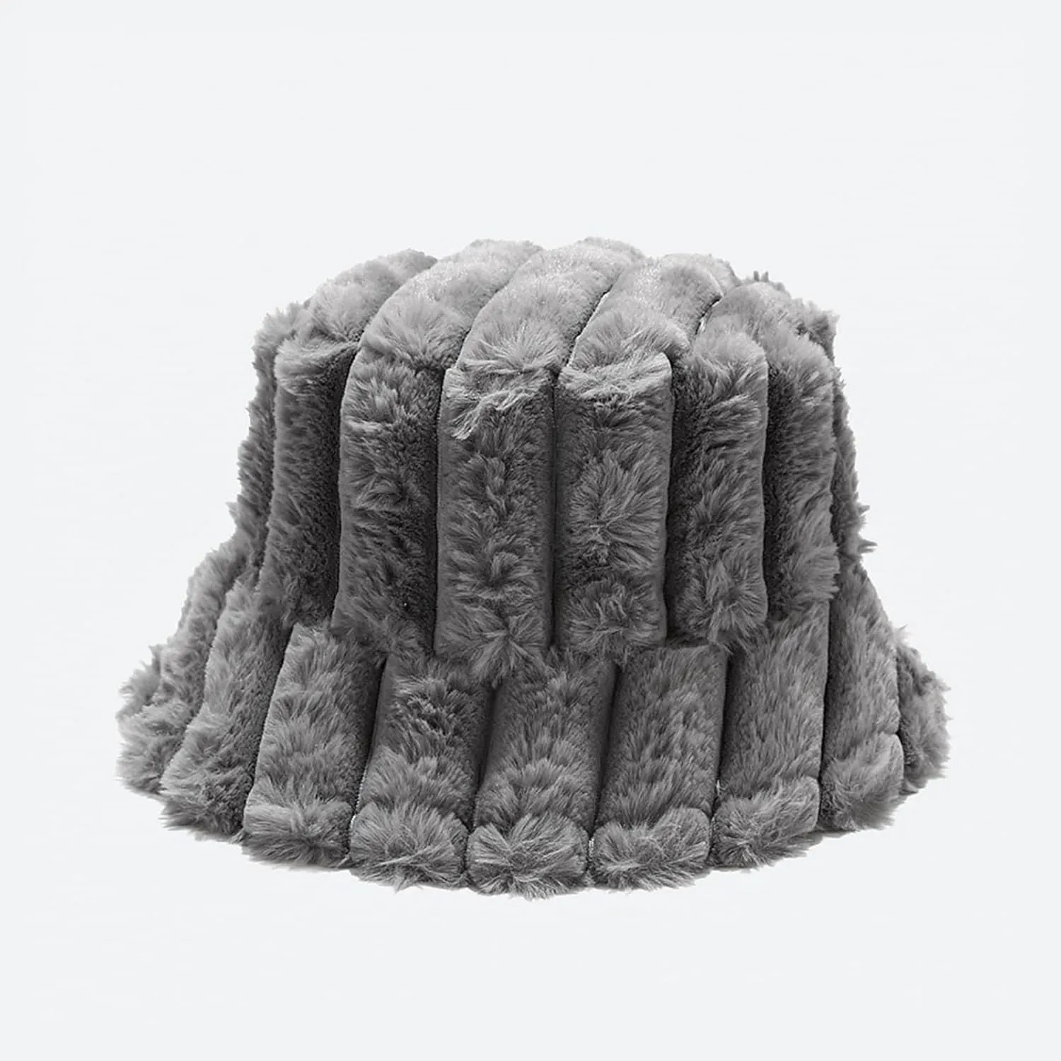 Women Furry Bucket Hat Faux Fur Warm Winter Hat Soft Fuzzy Cloche Hats Windproof Outdoor Casual Hats Plush Fisherman Cap Grey