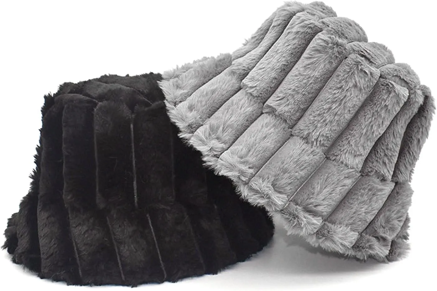 Women Furry Bucket Hat Faux Fur Warm Winter Hat Soft Fuzzy Cloche Hats Windproof Outdoor Casual Hats Plush Fisherman Cap Grey