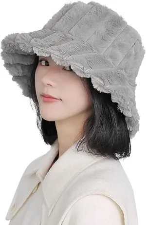 Women Furry Bucket Hat Faux Fur Warm Winter Hat Soft Fuzzy Cloche Hats Windproof Outdoor Casual Hats Plush Fisherman Cap Grey