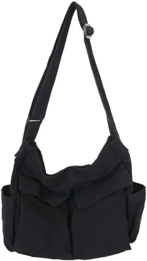 Women Grunge Canvas Shoulder bag Y2K Casual Hobo Messenger Bag Harajuku Vintage Retro Handbag (black)