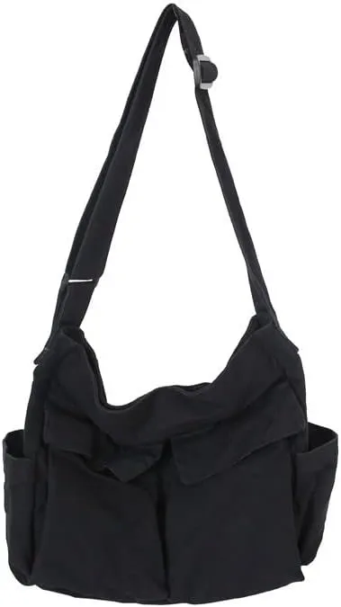 Women Grunge Canvas Shoulder bag Y2K Casual Hobo Messenger Bag Harajuku Vintage Retro Handbag (black)