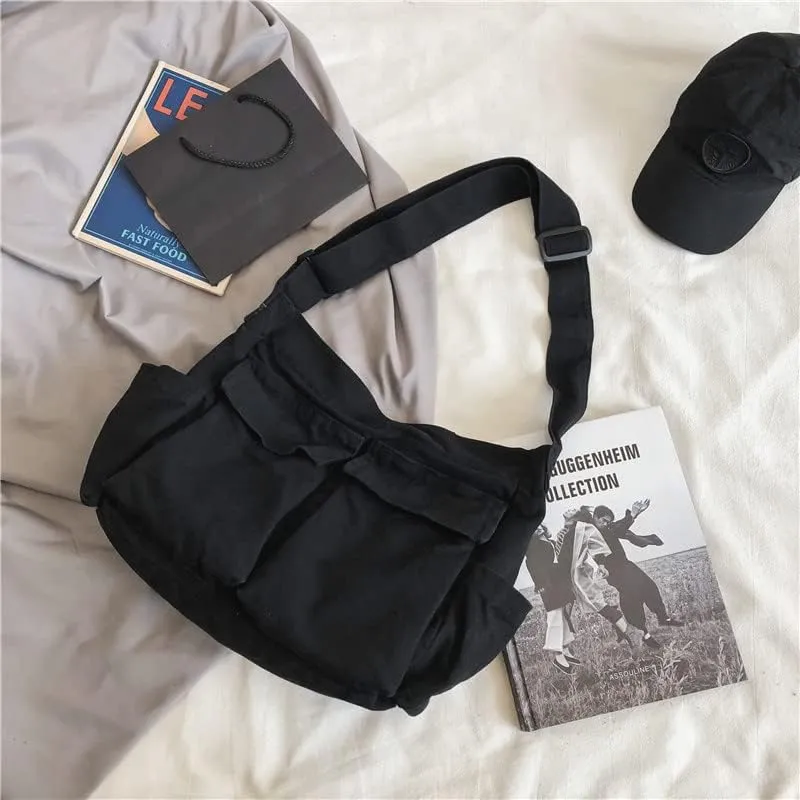 Women Grunge Canvas Shoulder bag Y2K Casual Hobo Messenger Bag Harajuku Vintage Retro Handbag (black)
