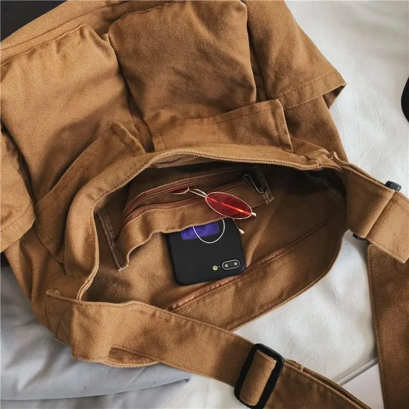 Women Grunge Canvas Shoulder bag Y2K Casual Hobo Messenger Bag Harajuku Vintage Retro Handbag (khaki)