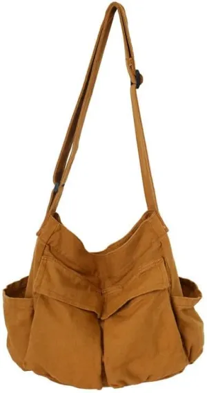 Women Grunge Canvas Shoulder bag Y2K Casual Hobo Messenger Bag Harajuku Vintage Retro Handbag (khaki)