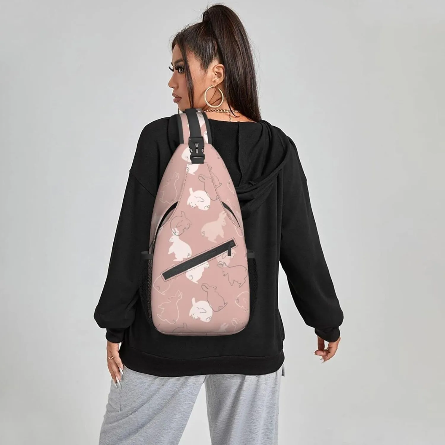 Women Rabbits Pink White Bunnies Crossbody Sling Backpack for Men Chest Bag Shoulder Bag Lightweight One Strap Backpack Travel Outdoor Daypack