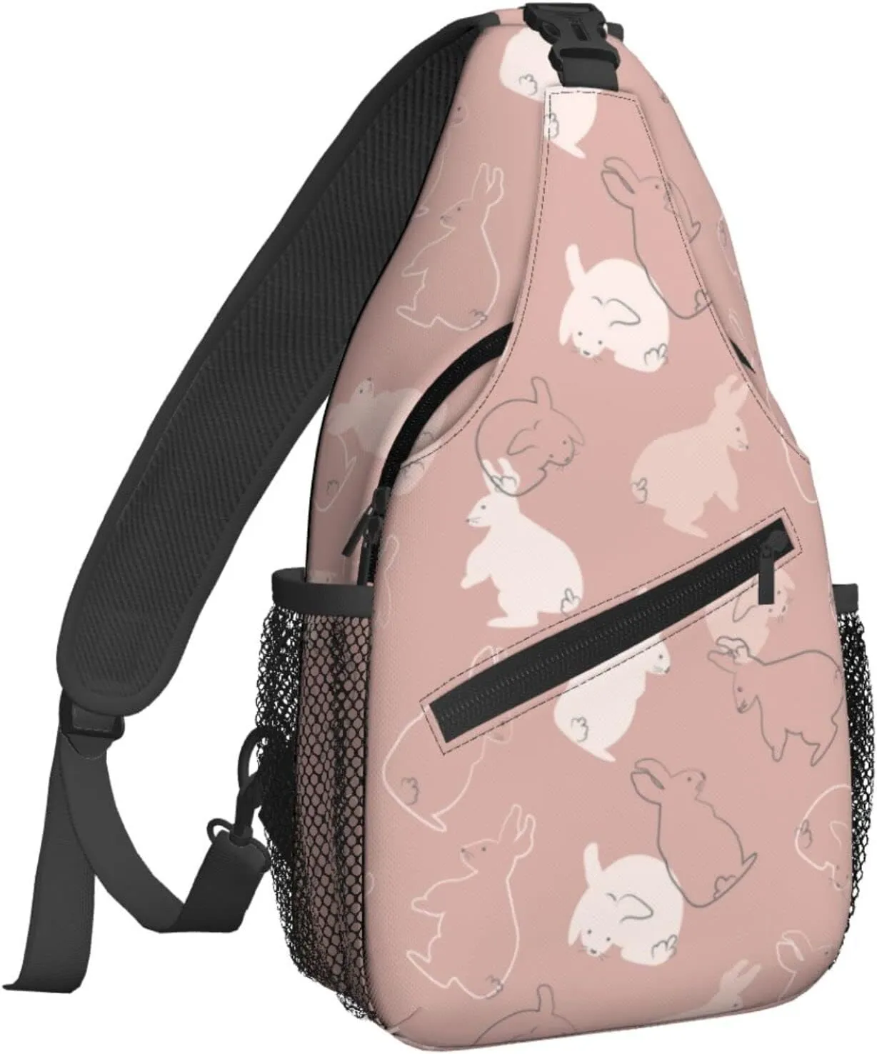 Women Rabbits Pink White Bunnies Crossbody Sling Backpack for Men Chest Bag Shoulder Bag Lightweight One Strap Backpack Travel Outdoor Daypack
