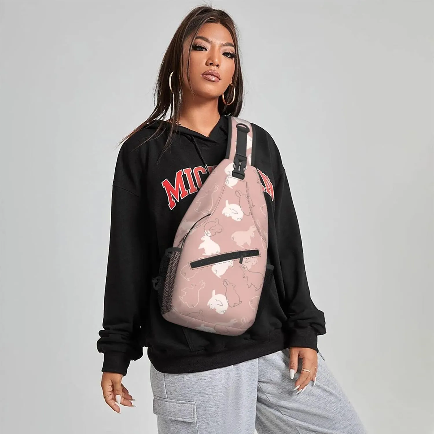 Women Rabbits Pink White Bunnies Crossbody Sling Backpack for Men Chest Bag Shoulder Bag Lightweight One Strap Backpack Travel Outdoor Daypack