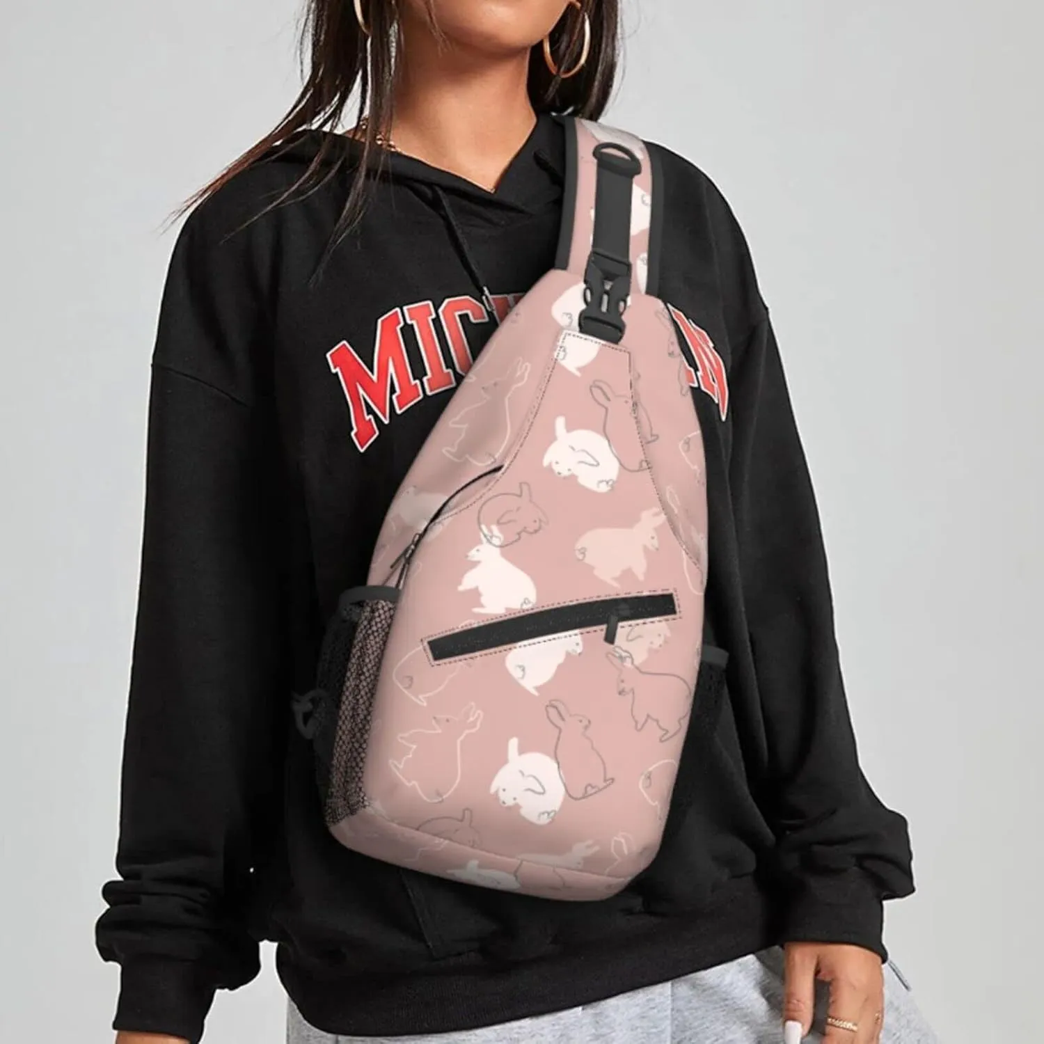 Women Rabbits Pink White Bunnies Crossbody Sling Backpack for Men Chest Bag Shoulder Bag Lightweight One Strap Backpack Travel Outdoor Daypack