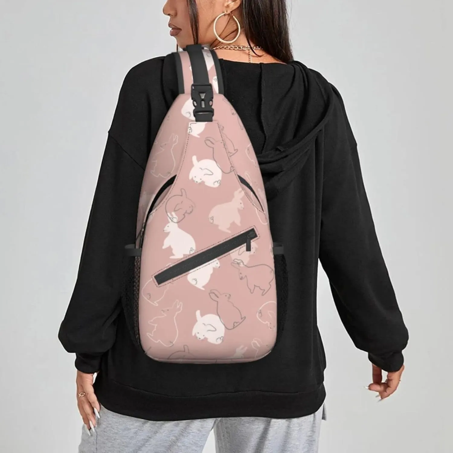 Women Rabbits Pink White Bunnies Crossbody Sling Backpack for Men Chest Bag Shoulder Bag Lightweight One Strap Backpack Travel Outdoor Daypack