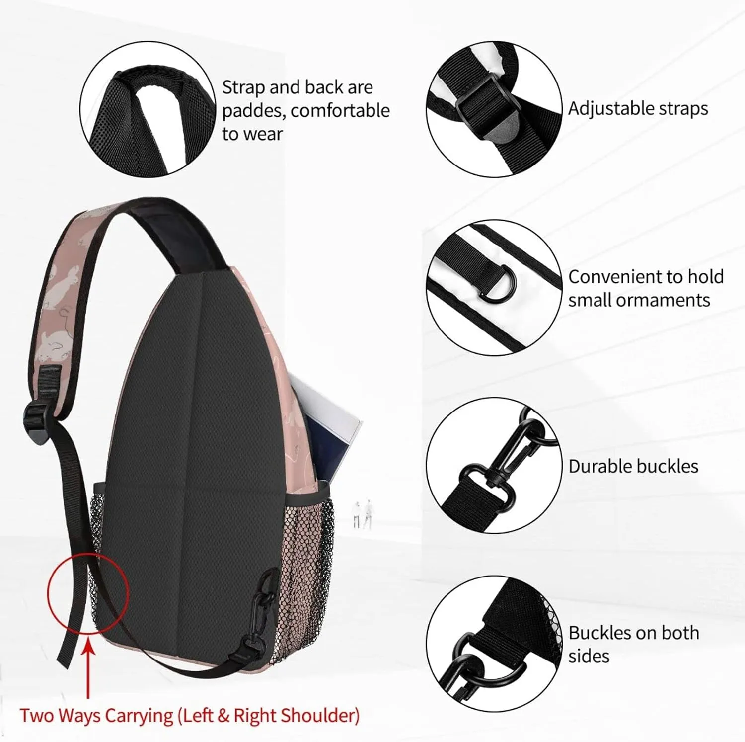 Women Rabbits Pink White Bunnies Crossbody Sling Backpack for Men Chest Bag Shoulder Bag Lightweight One Strap Backpack Travel Outdoor Daypack