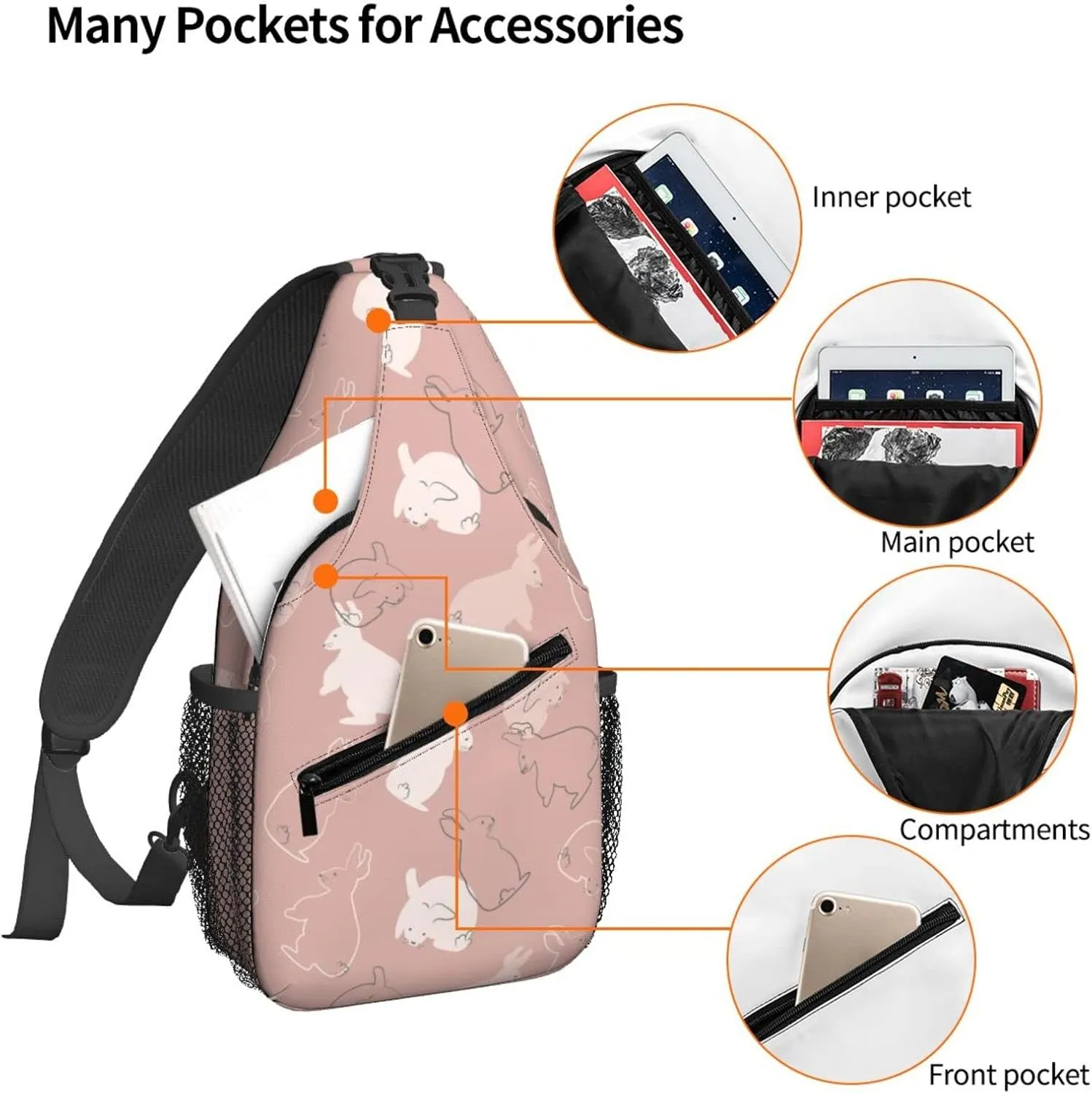 Women Rabbits Pink White Bunnies Crossbody Sling Backpack for Men Chest Bag Shoulder Bag Lightweight One Strap Backpack Travel Outdoor Daypack