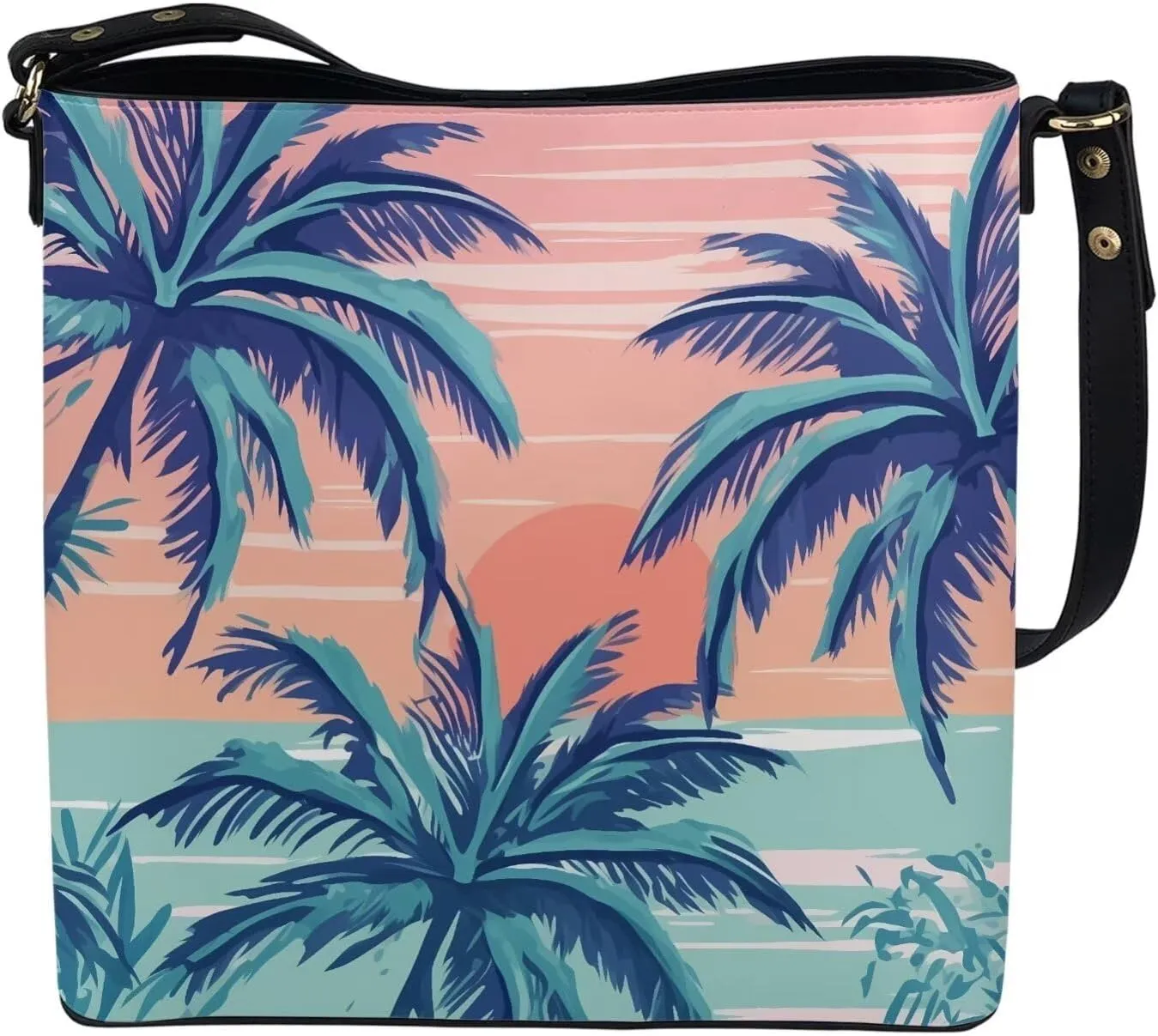 Women Shoulder Bucket Tote Crossbody Bag, Hawaiian Tribal PU Leather Bucket Handbag Tropical Floral Hobo Bag Purse