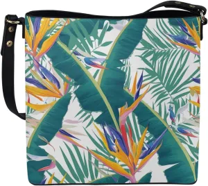Women Shoulder Bucket Tote Crossbody Bag, Hawaiian Tribal PU Leather Bucket Handbag Tropical Floral Hobo Bag Purse