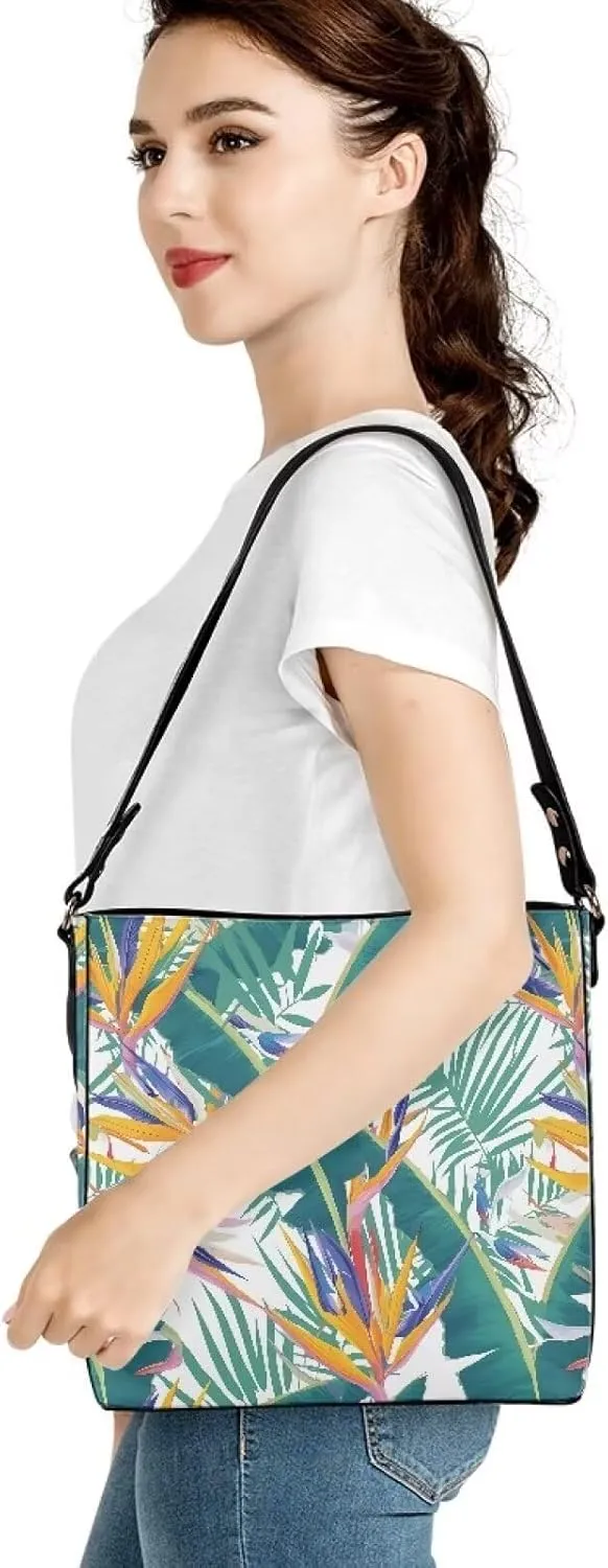Women Shoulder Bucket Tote Crossbody Bag, Hawaiian Tribal PU Leather Bucket Handbag Tropical Floral Hobo Bag Purse