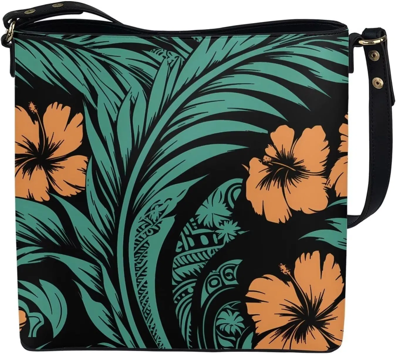 Women Shoulder Bucket Tote Crossbody Bag, Hawaiian Tribal PU Leather Bucket Handbag Tropical Floral Hobo Bag Purse