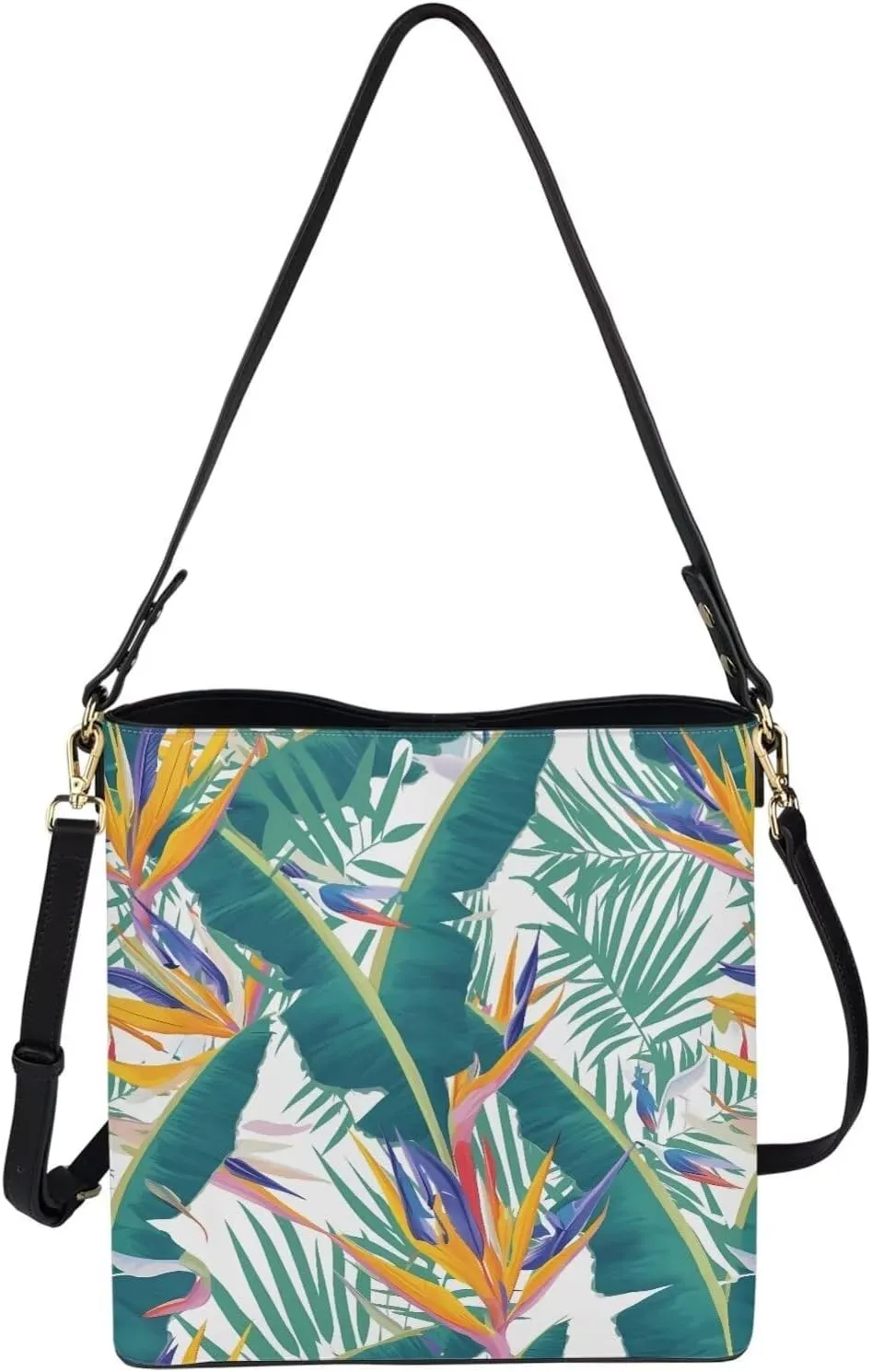 Women Shoulder Bucket Tote Crossbody Bag, Hawaiian Tribal PU Leather Bucket Handbag Tropical Floral Hobo Bag Purse