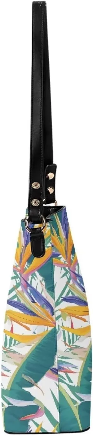 Women Shoulder Bucket Tote Crossbody Bag, Hawaiian Tribal PU Leather Bucket Handbag Tropical Floral Hobo Bag Purse