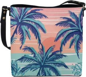 Women Shoulder Bucket Tote Crossbody Bag, Hawaiian Tribal PU Leather Bucket Handbag Tropical Floral Hobo Bag Purse