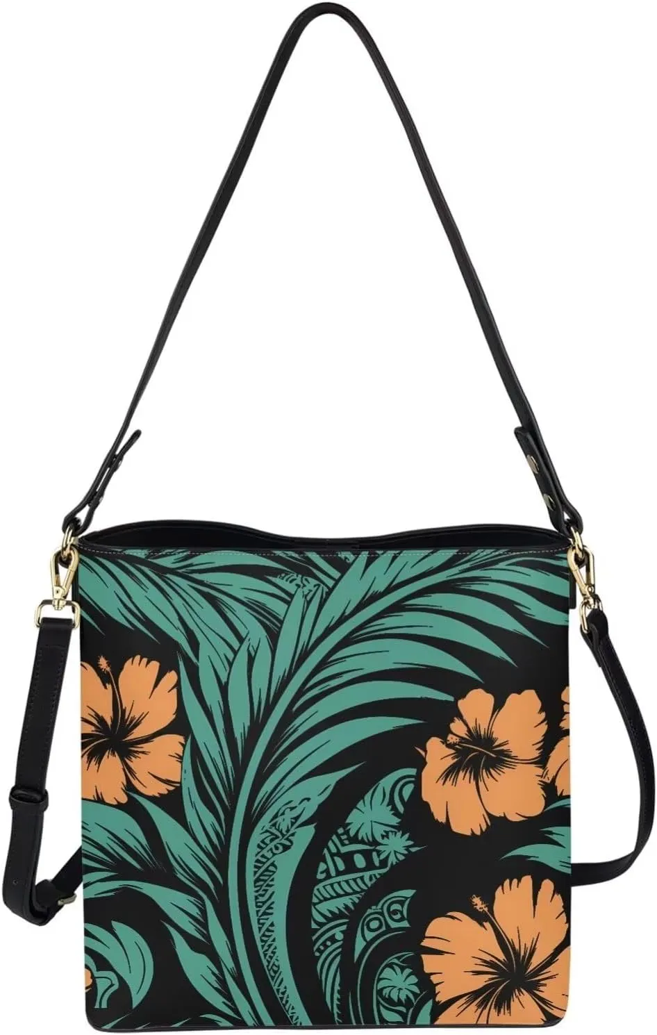 Women Shoulder Bucket Tote Crossbody Bag, Hawaiian Tribal PU Leather Bucket Handbag Tropical Floral Hobo Bag Purse