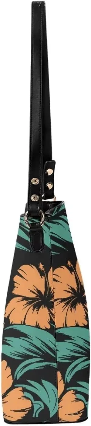 Women Shoulder Bucket Tote Crossbody Bag, Hawaiian Tribal PU Leather Bucket Handbag Tropical Floral Hobo Bag Purse