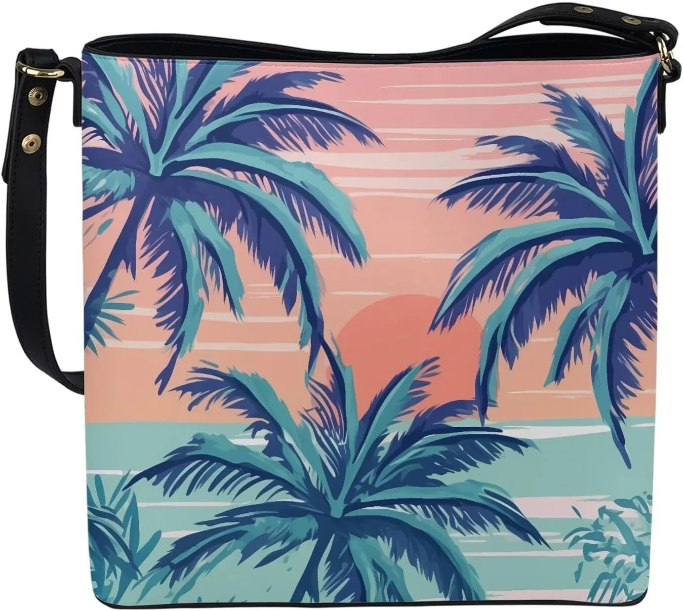 Women Shoulder Bucket Tote Crossbody Bag, Hawaiian Tribal PU Leather Bucket Handbag Tropical Floral Hobo Bag Purse