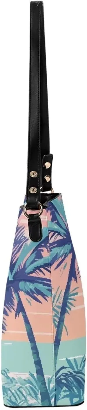 Women Shoulder Bucket Tote Crossbody Bag, Hawaiian Tribal PU Leather Bucket Handbag Tropical Floral Hobo Bag Purse