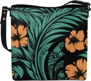 Women Shoulder Bucket Tote Crossbody Bag, Hawaiian Tribal PU Leather Bucket Handbag Tropical Floral Hobo Bag Purse