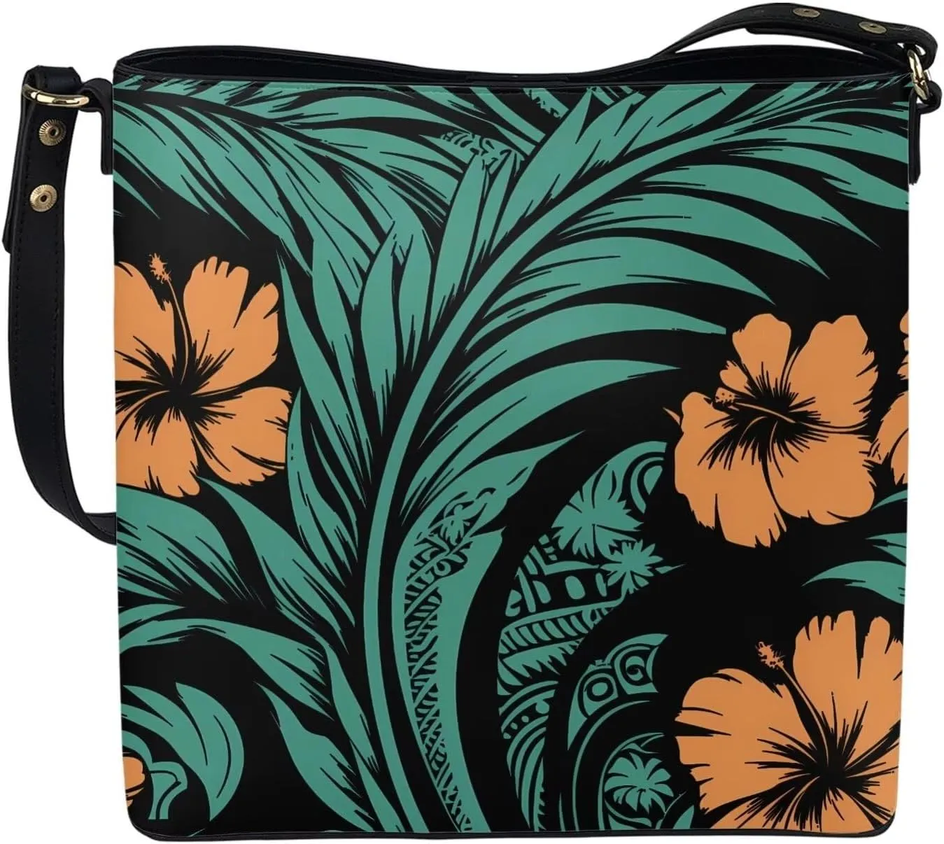 Women Shoulder Bucket Tote Crossbody Bag, Hawaiian Tribal PU Leather Bucket Handbag Tropical Floral Hobo Bag Purse