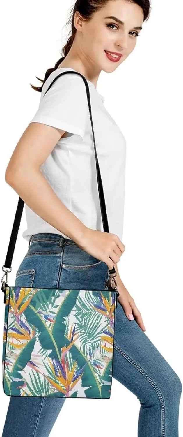 Women Shoulder Bucket Tote Crossbody Bag, Hawaiian Tribal PU Leather Bucket Handbag Tropical Floral Hobo Bag Purse