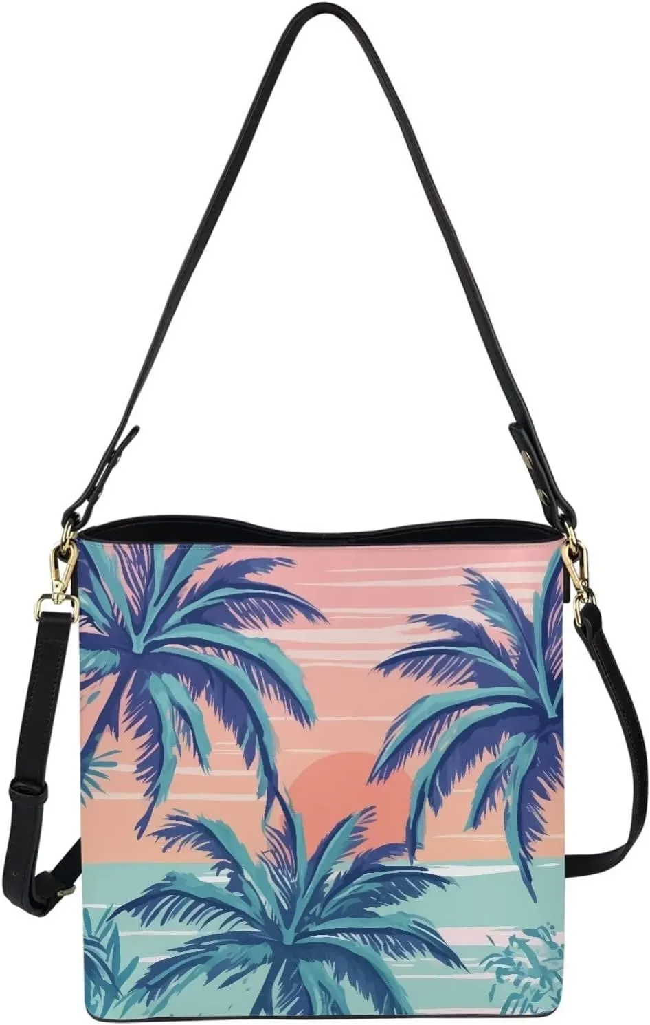 Women Shoulder Bucket Tote Crossbody Bag, Hawaiian Tribal PU Leather Bucket Handbag Tropical Floral Hobo Bag Purse