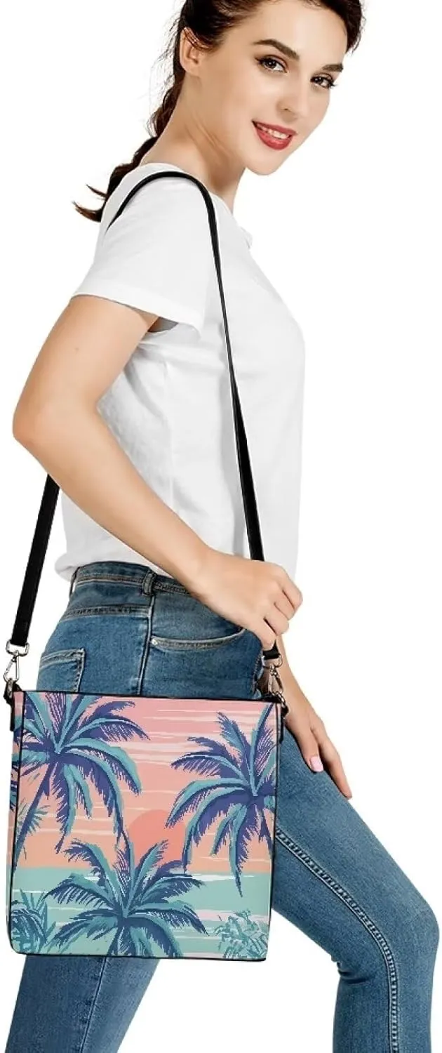 Women Shoulder Bucket Tote Crossbody Bag, Hawaiian Tribal PU Leather Bucket Handbag Tropical Floral Hobo Bag Purse