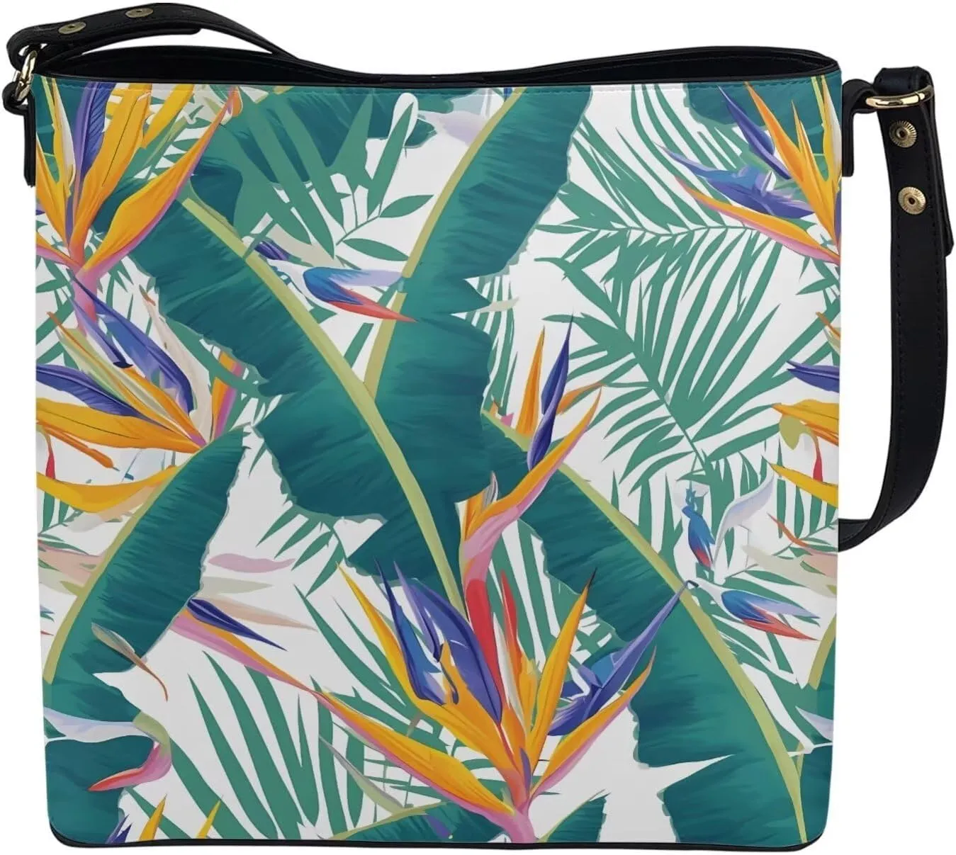 Women Shoulder Bucket Tote Crossbody Bag, Hawaiian Tribal PU Leather Bucket Handbag Tropical Floral Hobo Bag Purse