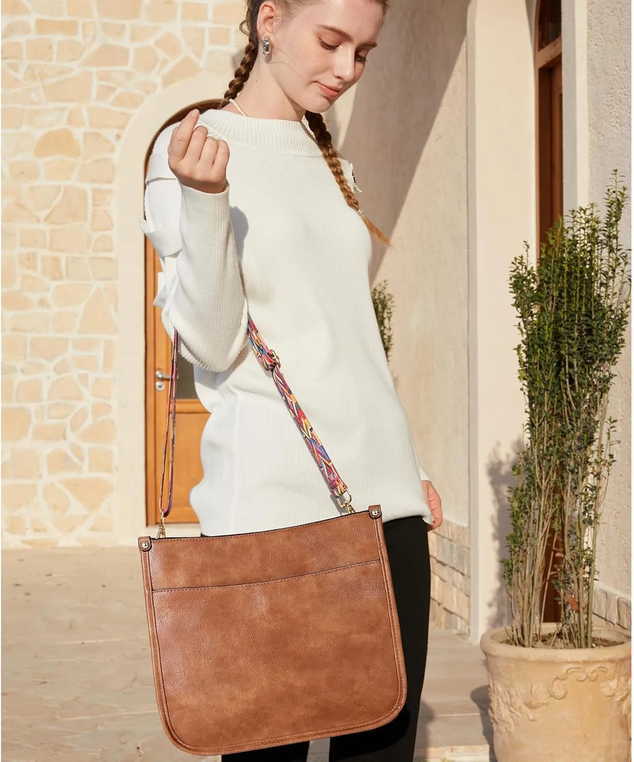 Women Shoulder Crossbody Bag, Vegan Leather Designer Hobo Handbags Purse with 2 Guitar Straps Bucket Satchel Tote Bag