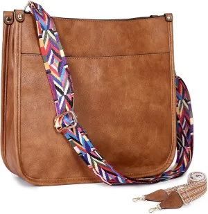 Women Shoulder Crossbody Bag, Vegan Leather Designer Hobo Handbags Purse with 2 Guitar Straps Bucket Satchel Tote Bag