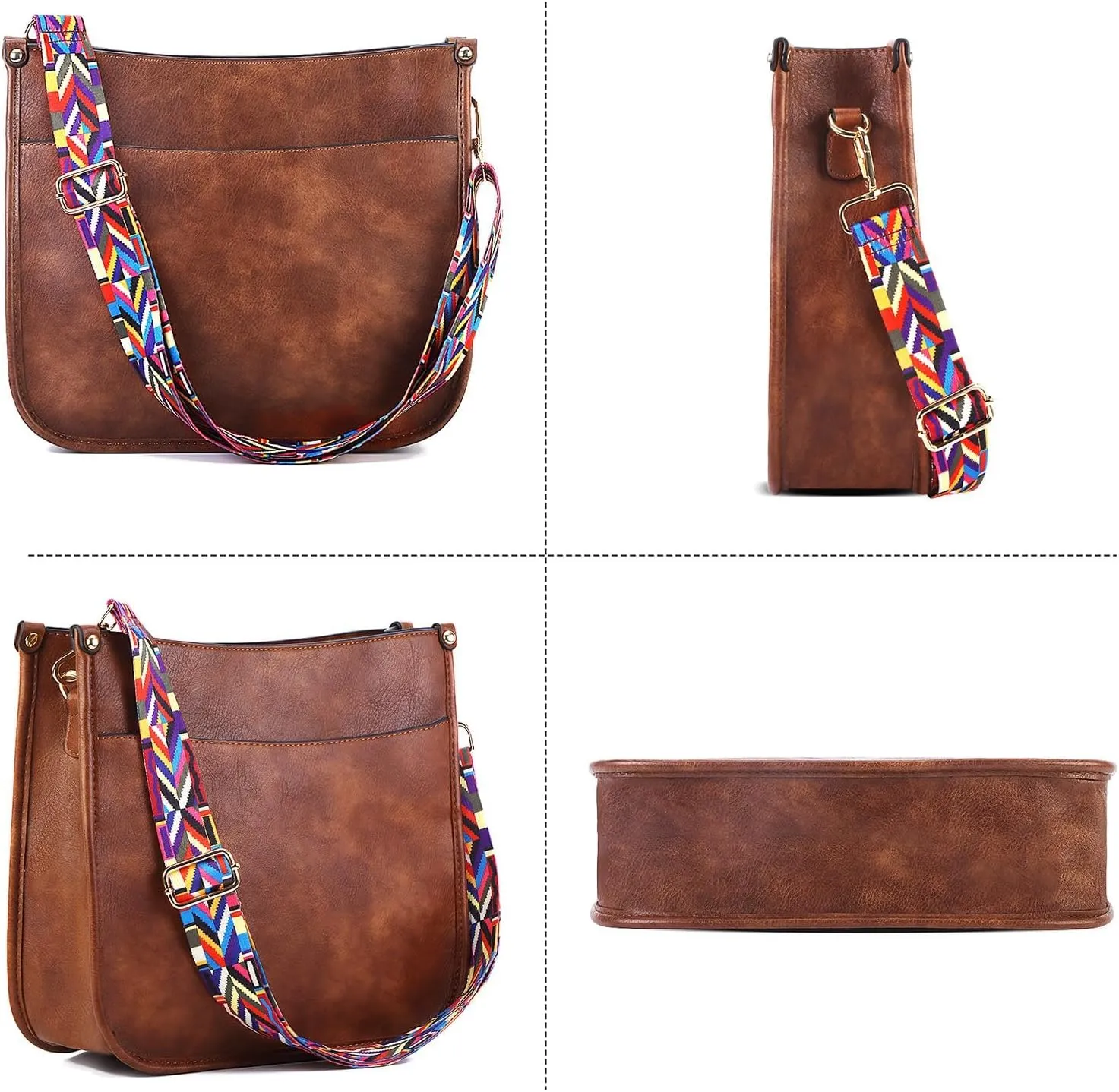 Women Shoulder Crossbody Bag, Vegan Leather Designer Hobo Handbags Purse with 2 Guitar Straps Bucket Satchel Tote Bag
