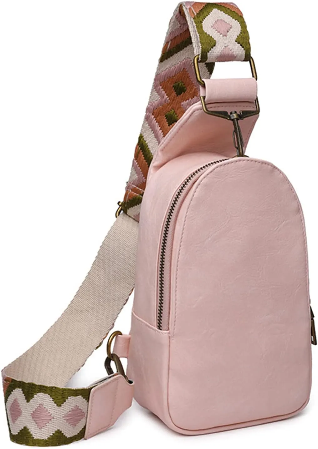 Women Sling Crossbody Fashion Chest Bag Embroidery Jacquard Strap Bohemian Style PU Leather Purses for Daily Outings