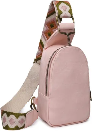 Women Sling Crossbody Fashion Chest Bag Embroidery Jacquard Strap Bohemian Style PU Leather Purses for Daily Outings