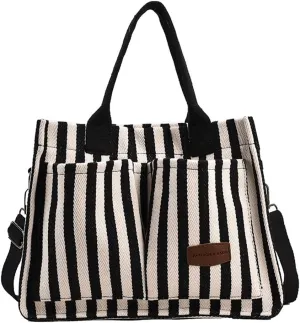 Women Striped Multi Pockets Tote Bag Large Capacity Aesthetic Canvas Bags Cute Canvas College Totes for Travel,Work