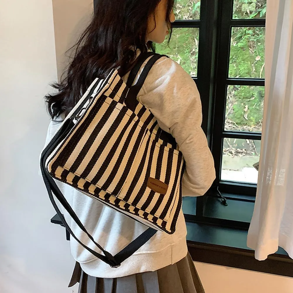 Women Striped Multi Pockets Tote Bag Large Capacity Aesthetic Canvas Bags Cute Canvas College Totes for Travel,Work